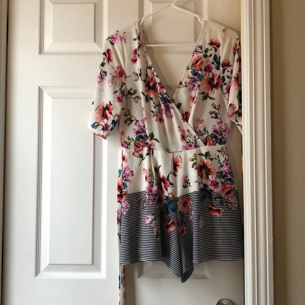 Floral striped Small romper with halter and sash
